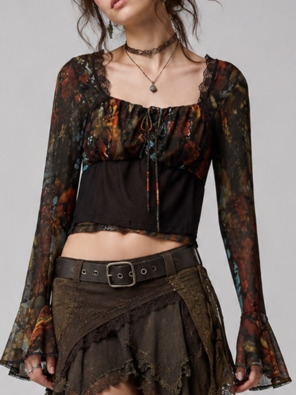 Hot Topic Mesh Fairy Grunge Long Sleeve Bell Sleeve Crop Top Multicolor